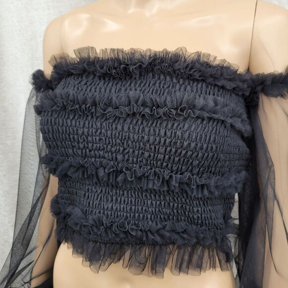 MARBLE Black Ruffled Off The Shoulder Top Sheer Mesh Long Sleeves Crop Shirring - Picture 2 of 8